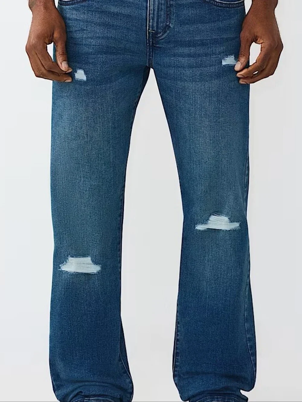 True Religion Ricky RIP Repair Straight Jeans- Medium Blue Comet Wash